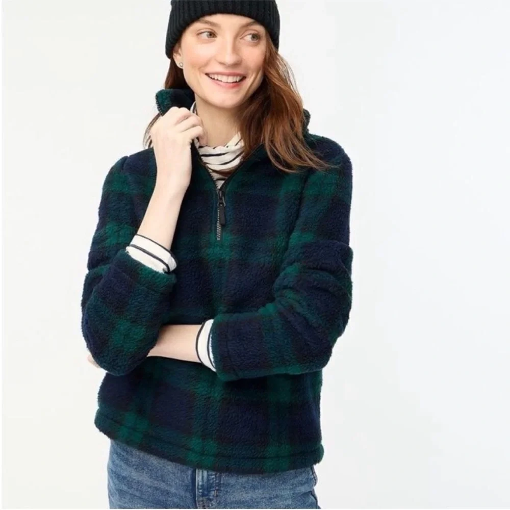 NWT J.Crew Blue Green Watch Plaid Sherpa Fleece Half Zip Pullover Women's XXS